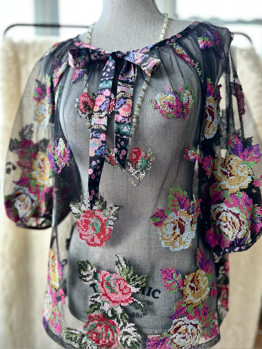 Anna Sui Sheer Black Floral Beaded Blouse with Ribbon Tie
